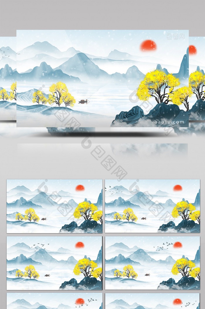 中国风飘雪水墨山水动画素材特效背景视频