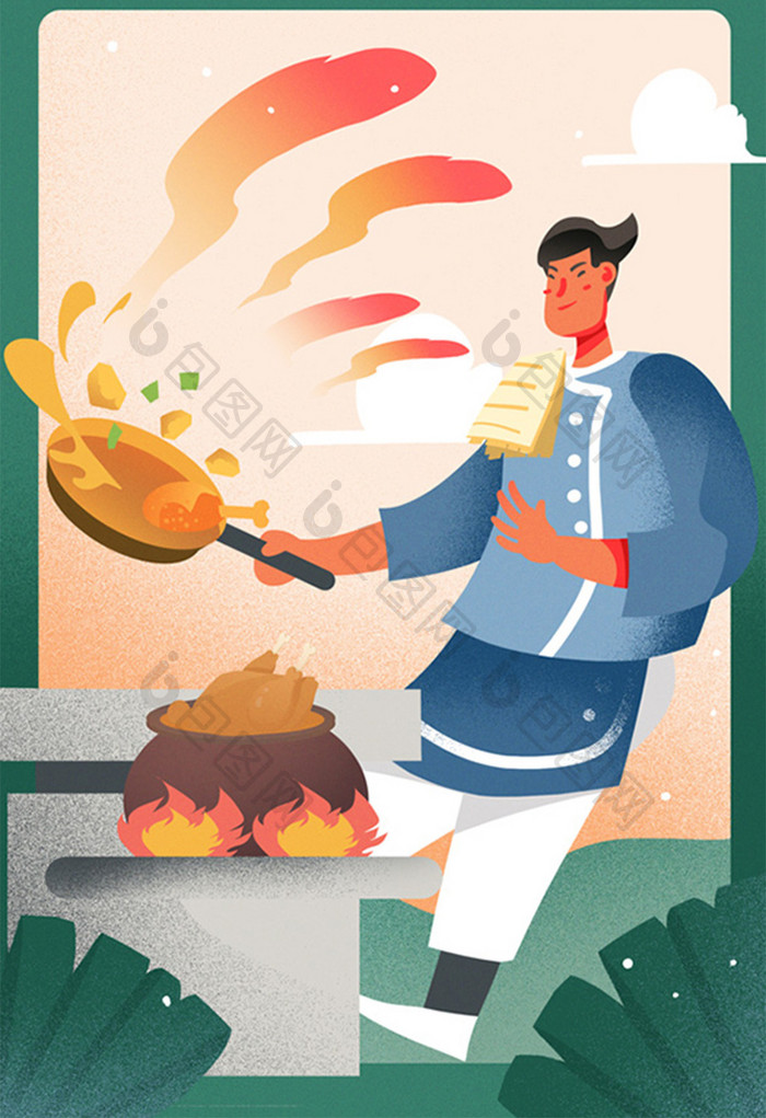 烧鸡炒鸡炖鸡烹饪炒菜厨师闪屏海报插画