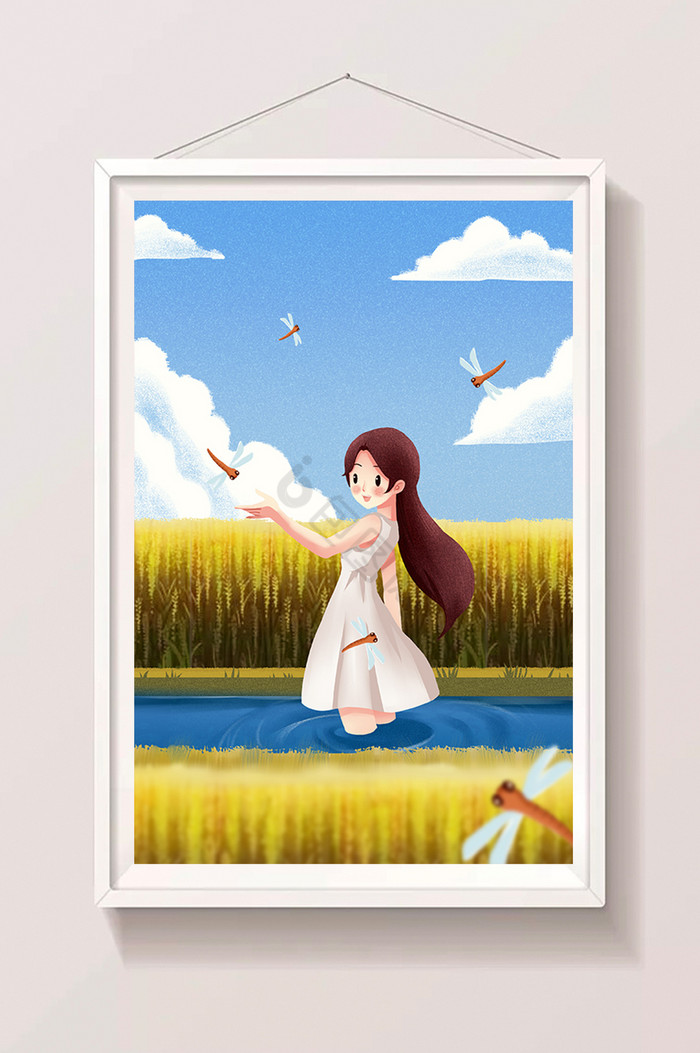 立秋节气女孩蜻蜓稻田插画图片