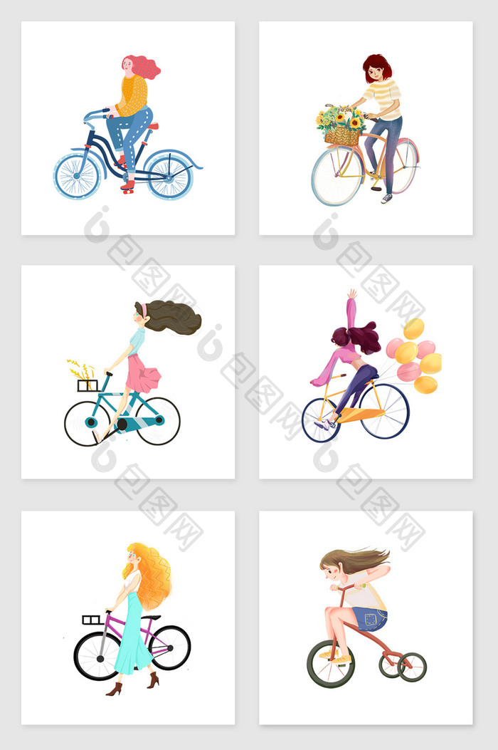 手绘骑自行车的美女套图插画元素