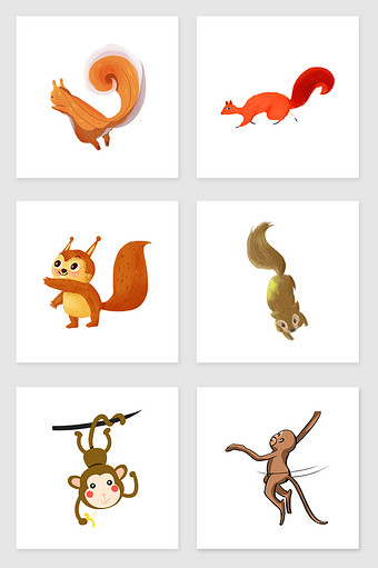 手绘松鼠与猴套图插画元素图片下载
