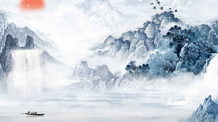 梦幻中国风水墨山水下雪动画特效素材背景