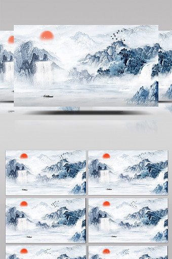 梦幻中国风水墨山水下雪动画特效素材背景图片