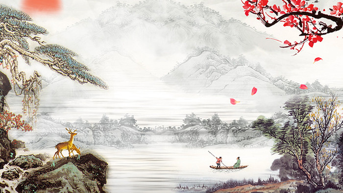 中国风复古水墨山水梅花动画素材特效背景