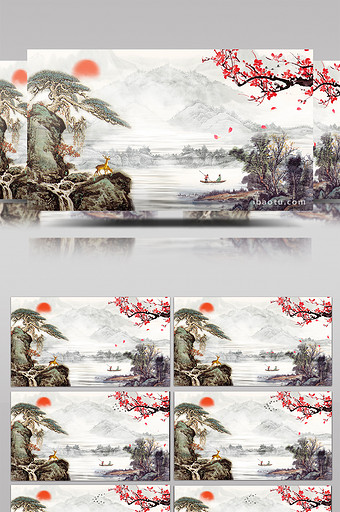 中国风复古水墨山水梅花动画素材特效背景图片