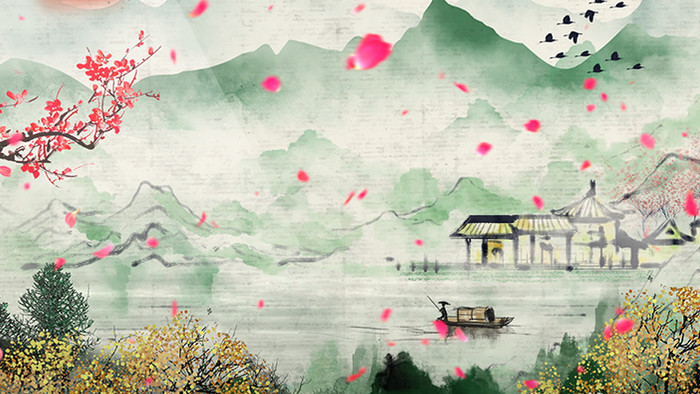 中国风水墨山水梅花花瓣动画素材特效背景