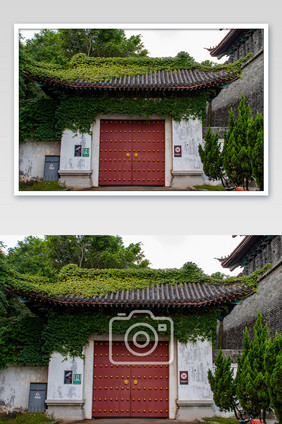 中式庭院仿古红色大门木质门摄影图