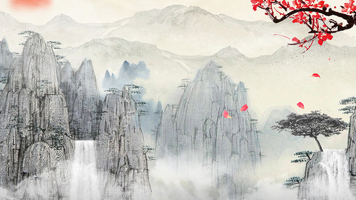 中国风水墨山水瀑布梅花动画素材特效背景