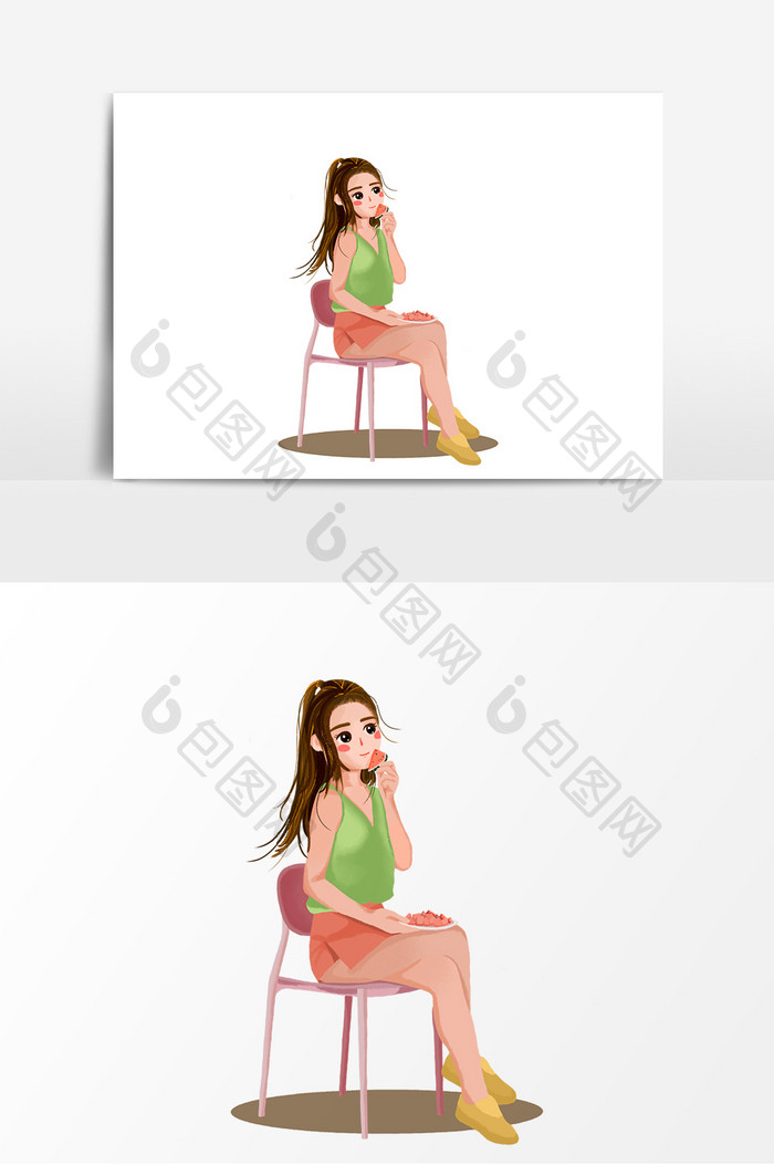 手绘卡通坐在椅子上的女孩装饰元素