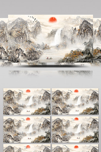 中国风水墨山水梦幻飘雪动画素材特效背景图片