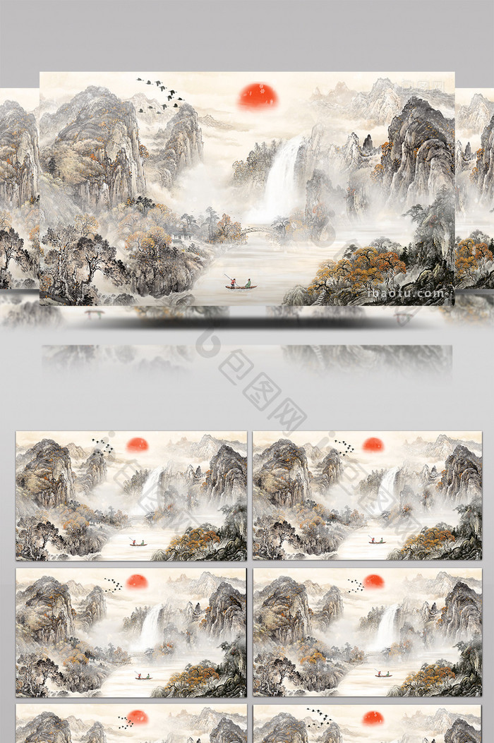 中国风水墨山水梦幻飘雪动画素材特效背景