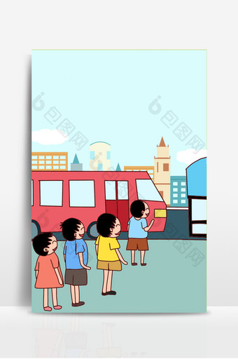 手绘卡通排队坐公交装饰背景图图片