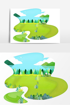 手绘卡通树木草地装饰元素