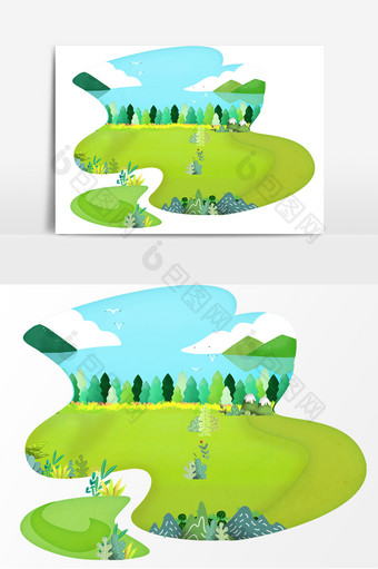 手绘卡通树木草地装饰元素图片