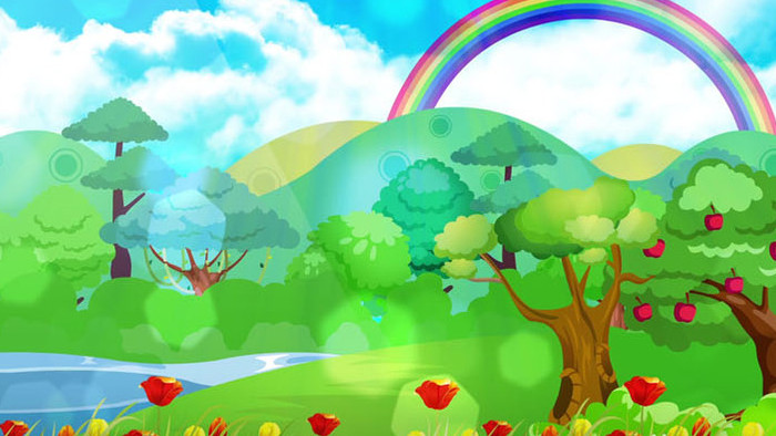 卡通森林树木花朵彩虹背景