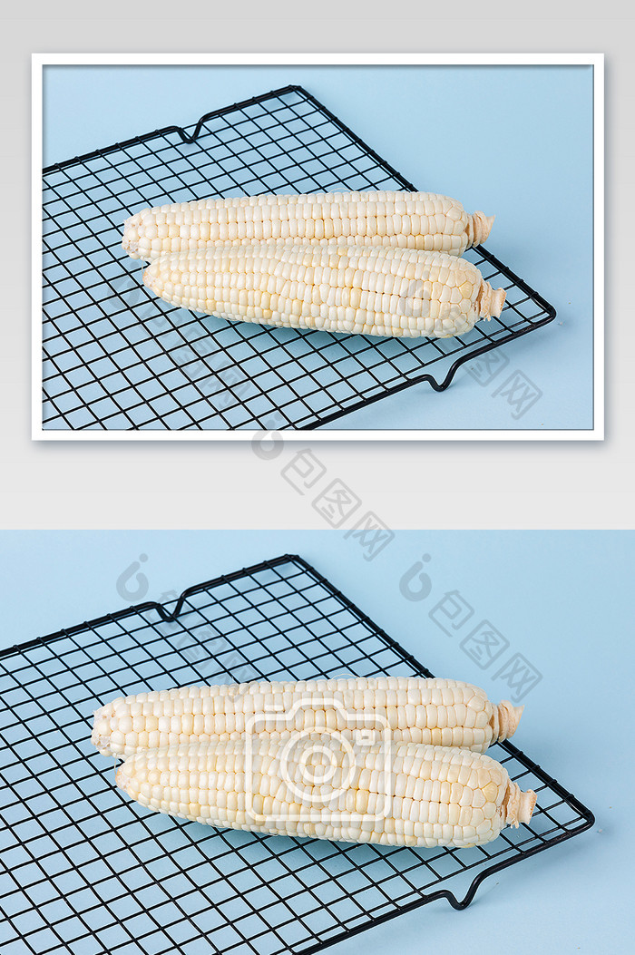 白色新鲜蔬菜甜口玉米蓝色背景摄影图片