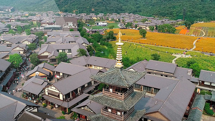 航拍无锡拈花湾小镇日式建筑风格花海