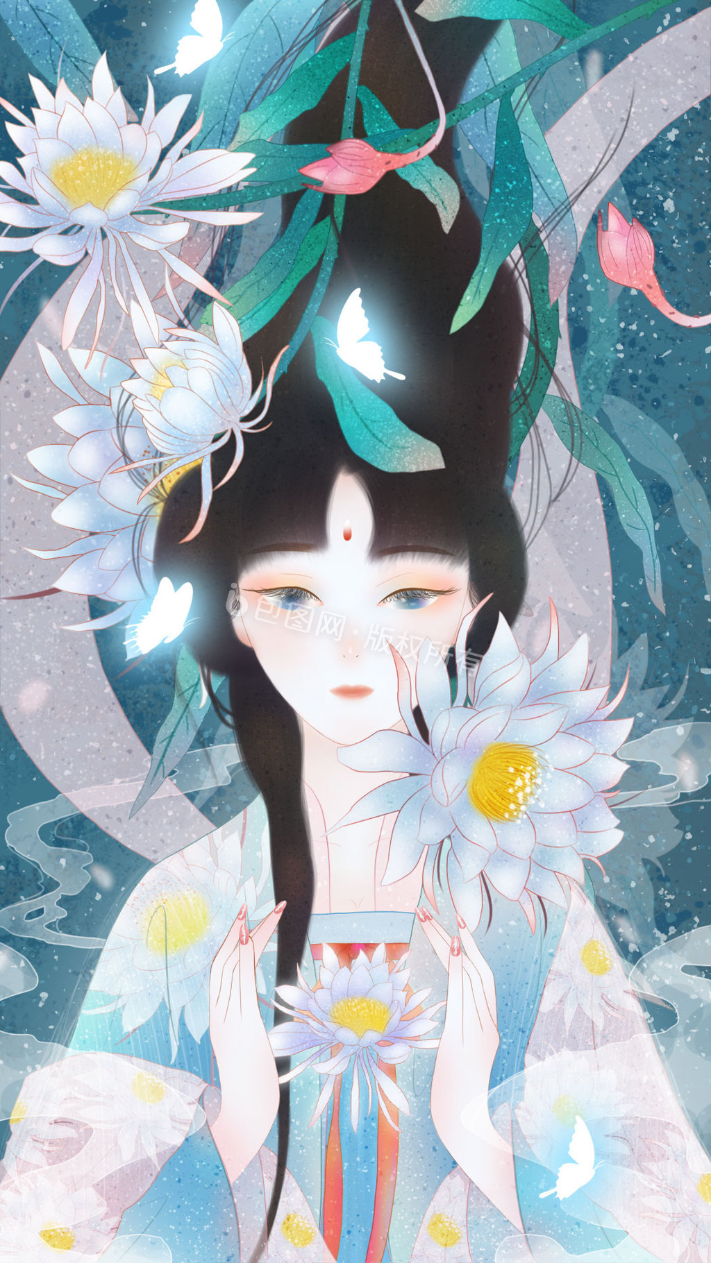 古风女孩与昙花韦陀花gif动图