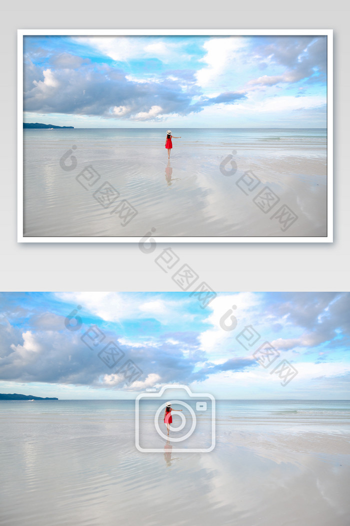 海边沙滩美女背影小红裙图片图片