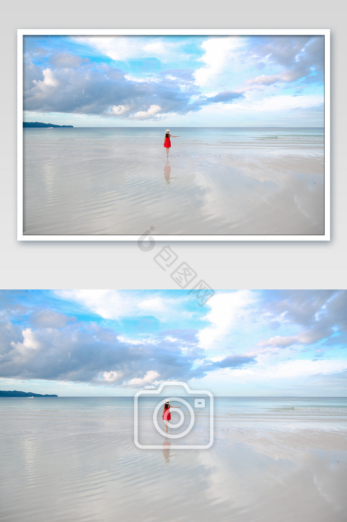 海边沙滩美女背影小红裙图片