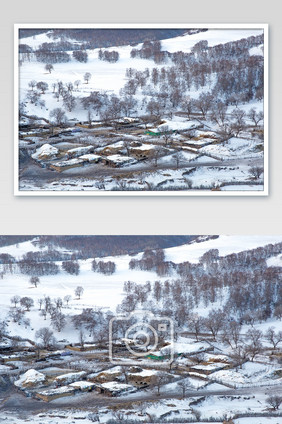 雪原村庄大雪纷飞风光图