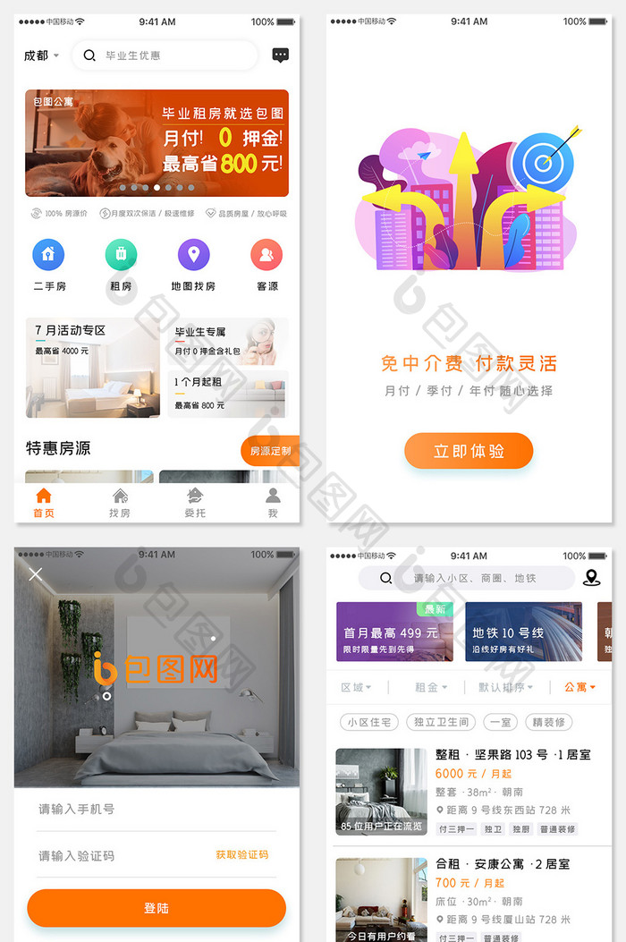 橙色简约公寓出租app全套ui移动界面