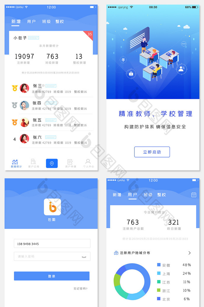 蓝色简约风格教师管理办公app全套页面