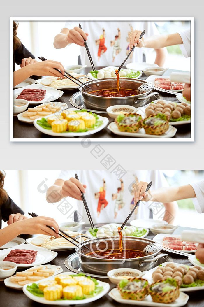 火锅中式餐饮食材下火锅夹菜海报摄影图