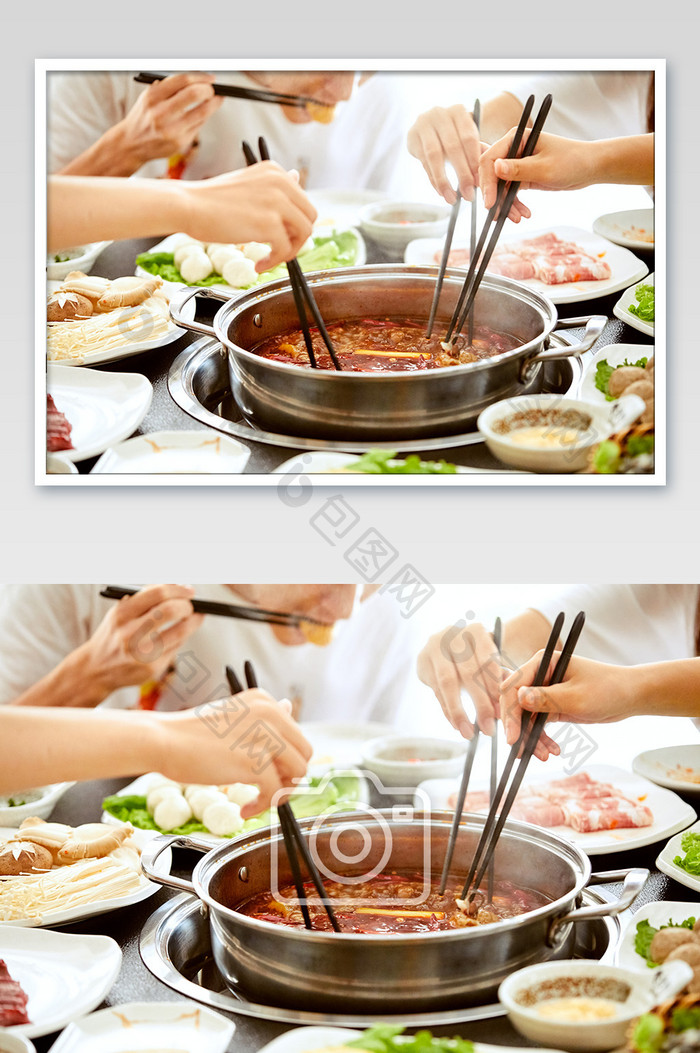 火锅中式餐饮食材聚餐夹菜特写海报摄影图