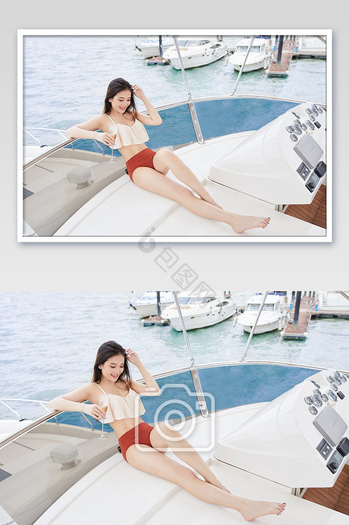 夏天海滨游艇泳装性感长腿比基尼美女图片