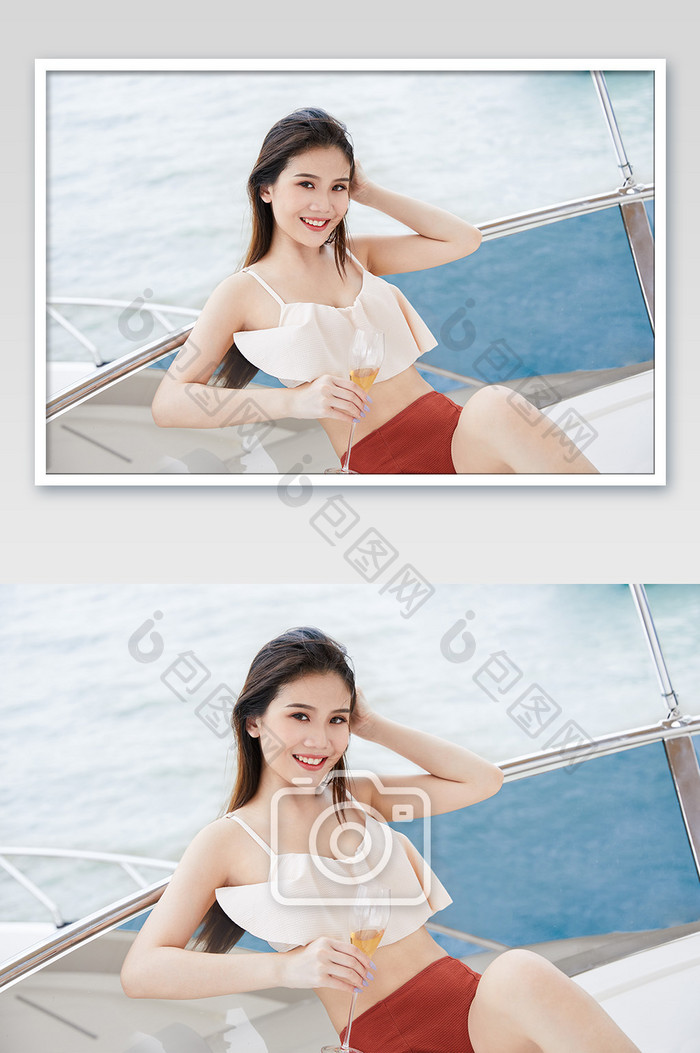 夏天海滨游艇甜美微笑泳装比基尼美女