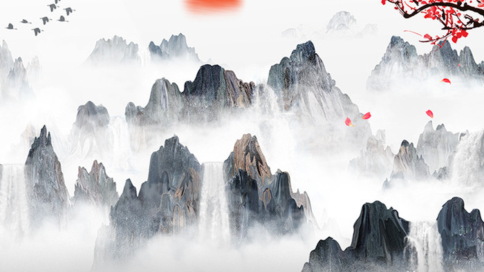 中国风水墨山水瀑布梅花动画特效素材背景