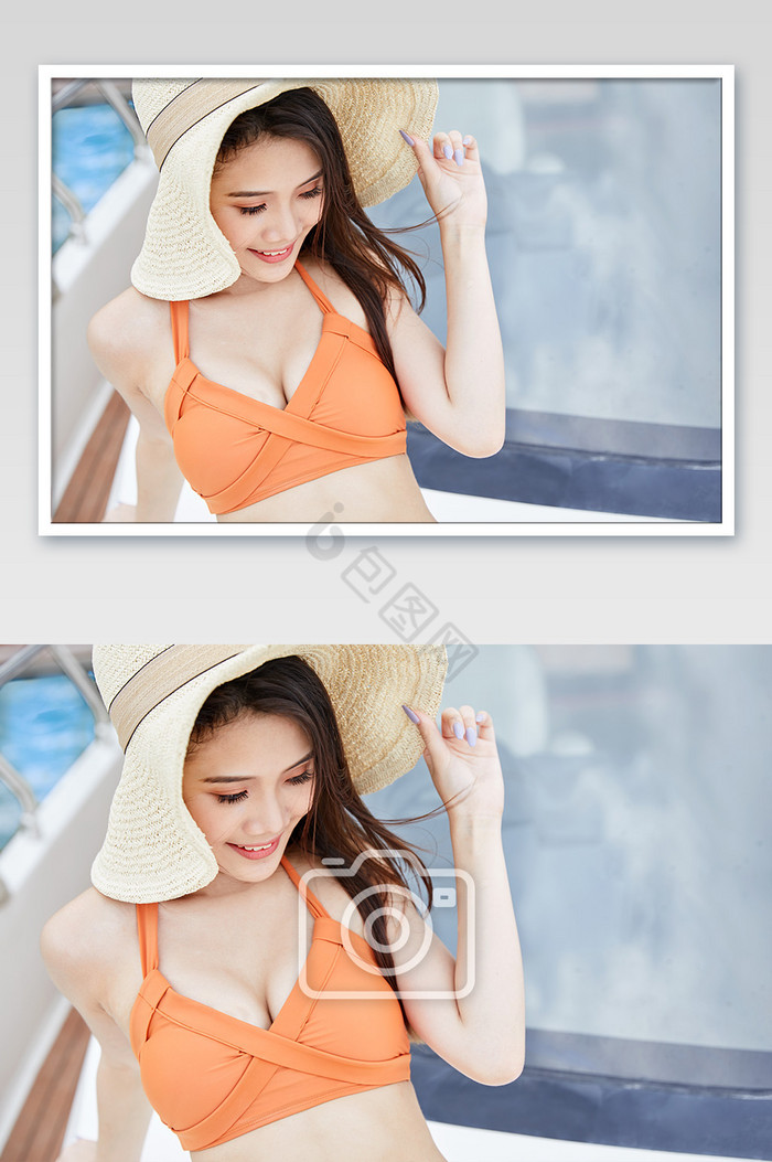 夏天海滨游艇戴着遮阳帽的性泳装比基尼美女图片