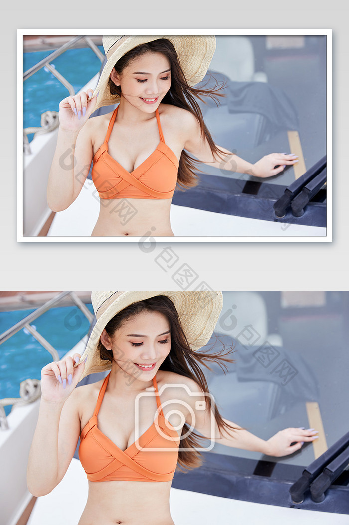 夏天海滨游艇遮阳草帽泳装比基尼美女