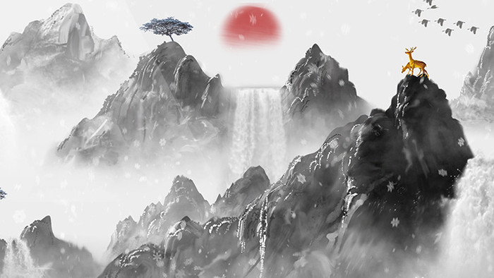 中国风水墨山水飘雪瀑布动画特效素材背景