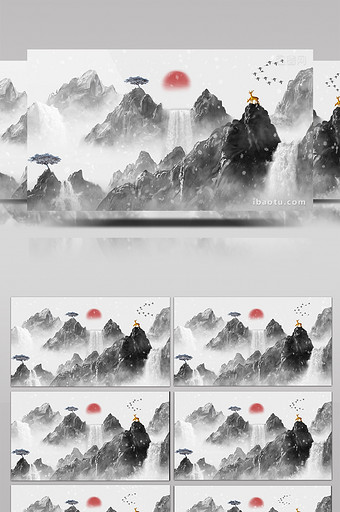 中国风水墨山水飘雪瀑布动画特效素材背景图片