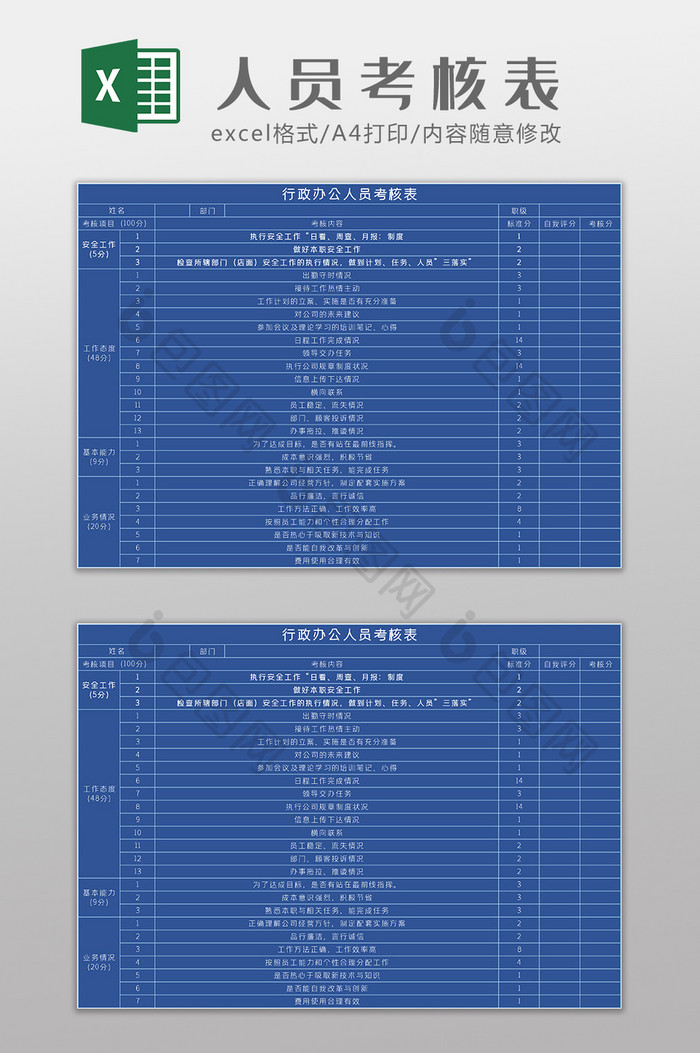 行政办公人员考核表Excel模板