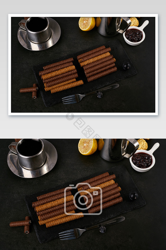 巧克力蛋卷饼干点心咖啡零食早餐美食摄影图