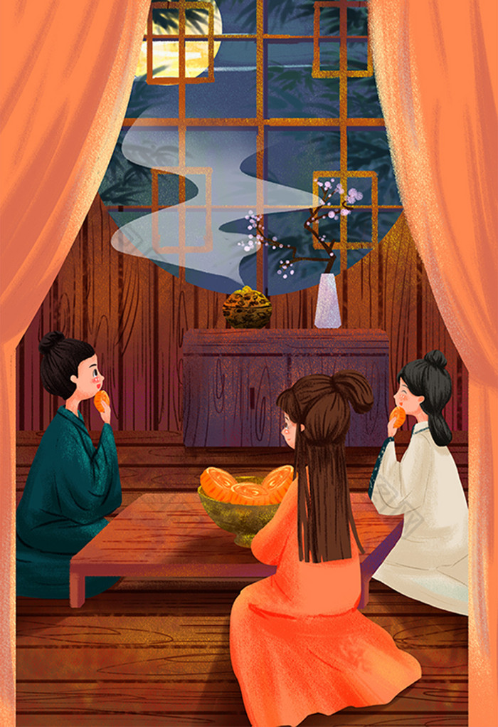 古风中秋节圆月吃月饼插画图片