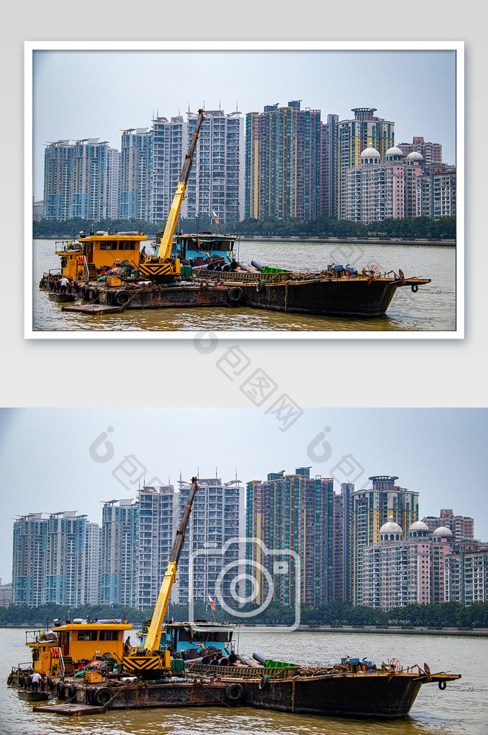 城市河道施工挖沙船只摄影图