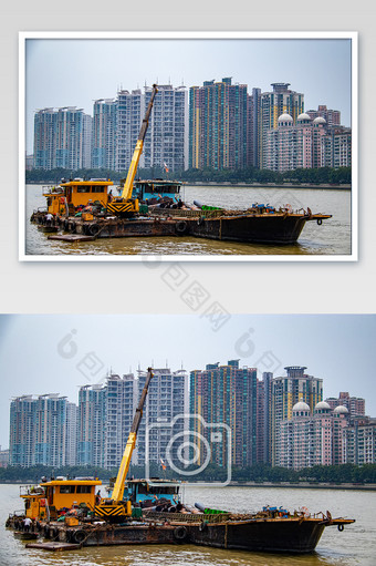 城市河道施工挖沙船只摄影图图片