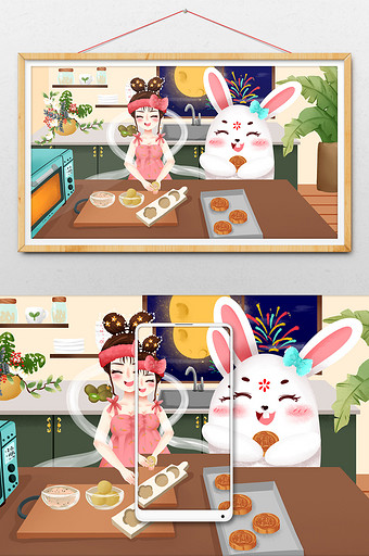 八月十五中秋节嫦娥和玉兔做月饼庆中秋插画图片