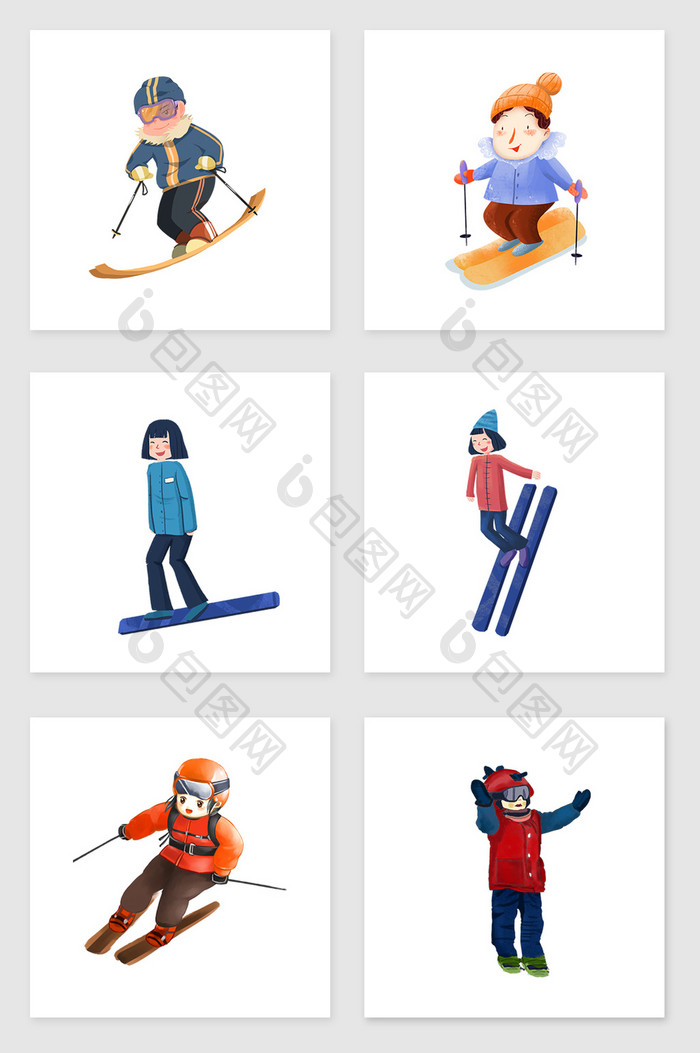 手绘滑雪的人们套图插画元素