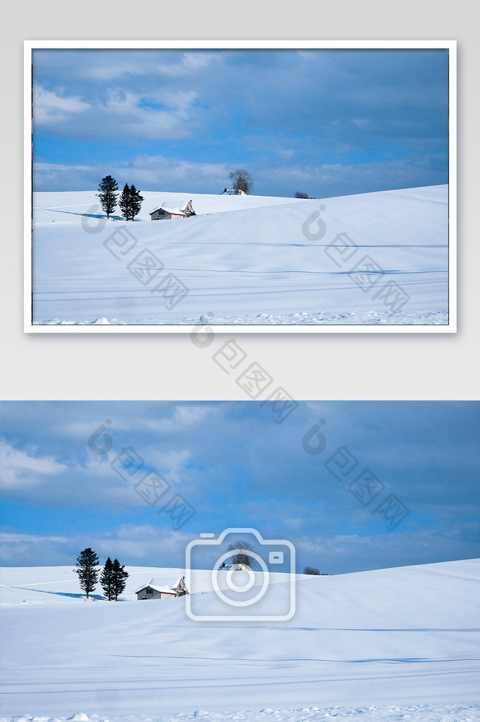 日本北海道雪原小屋摄影图片