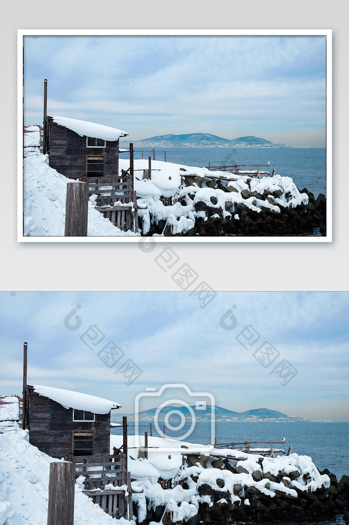 北海道札幌雪地海边木屋摄影图片