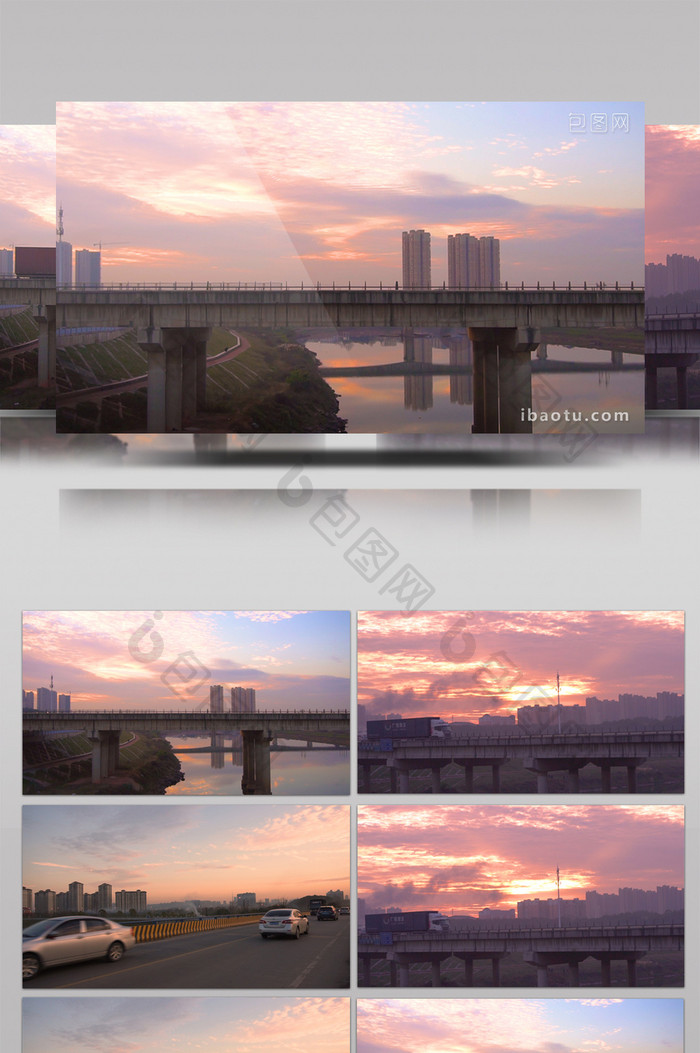 紫色夕阳下大桥上的车流实拍