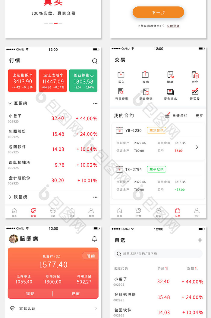 红色简约金融理财投资app全套页面