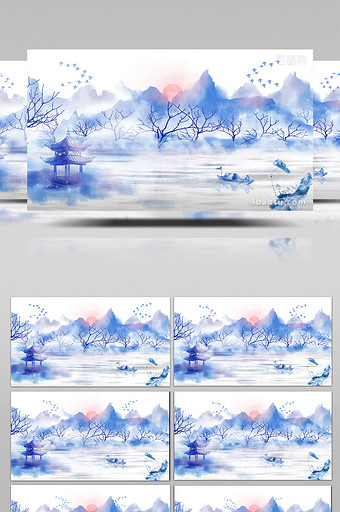 梦幻中国风水墨山水飘雪动画特效素材背景图片