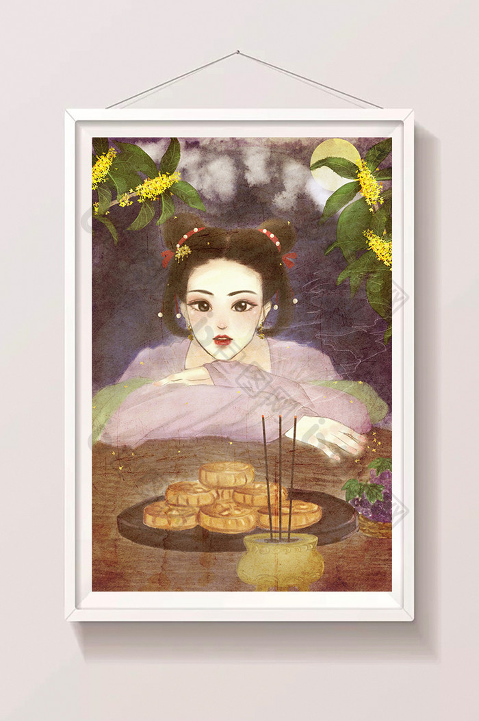 水彩水墨中国风古风中秋节仕女插画