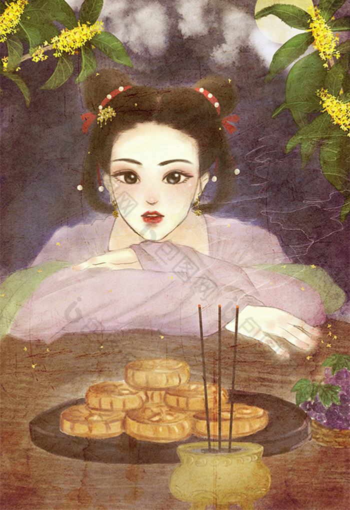 水彩水墨中国风古风中秋节仕女插画